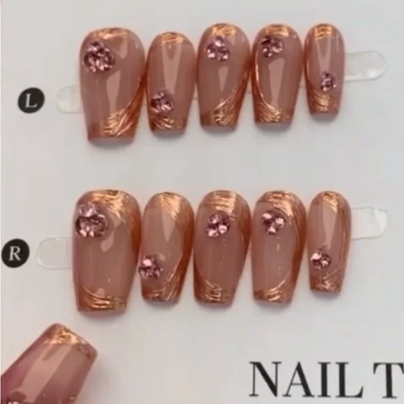 Elegant Pink Diamond & Gold Press On Nail Art reusable medium 10 pc NWT - Picture 4 of 8